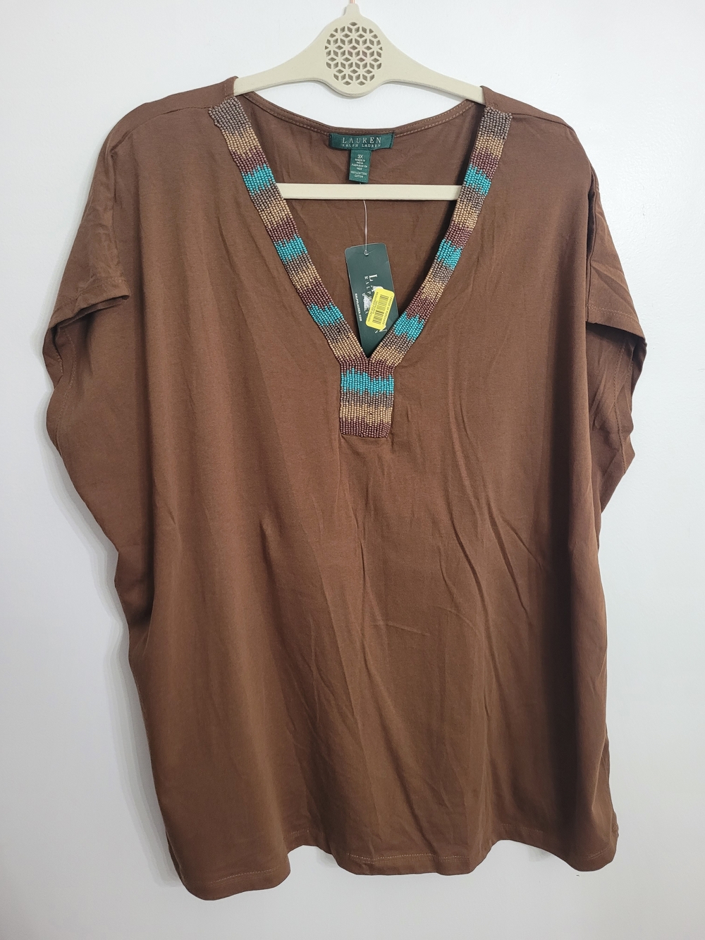 Lauren Ralph Lauren Womens Brown Solid V-Neck Beaded Short Sleeve Top 3X